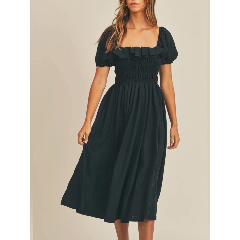 Smocked Puff Sleeve Midi Dress in Black